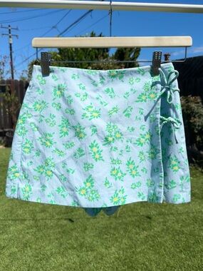Zara Linen Blend blue Floral Tie Detail Skort size XS